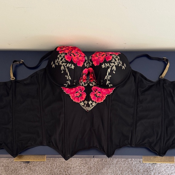 Victoria's Secret Black Bustier with Pink Floral Embroidery - Picture 1 of 5
